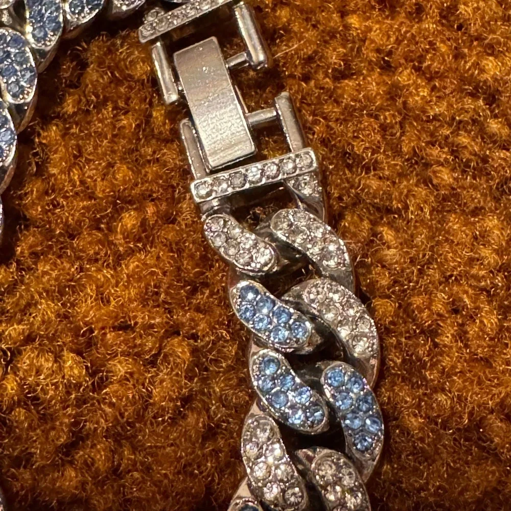 Iced Out Cuban Link Bracelet Silver Tone Blue White Rhinestone Chunky Curb Chain